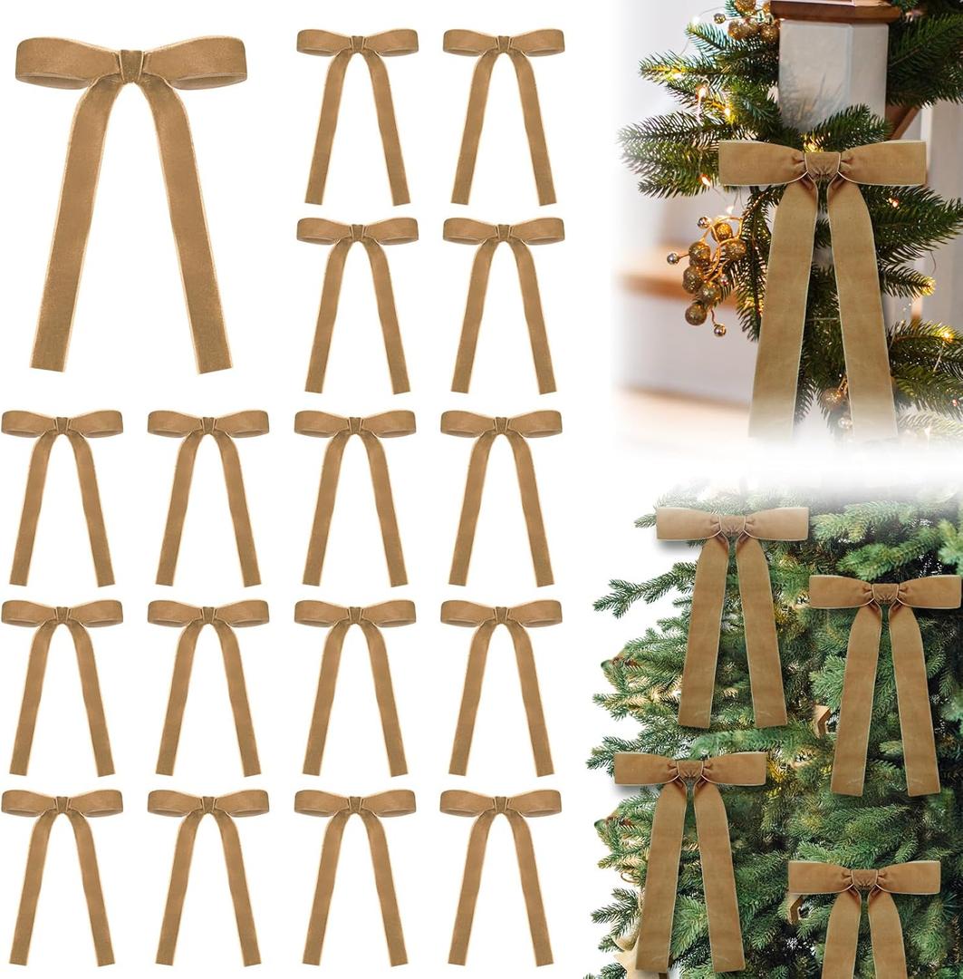 24 Pcs Velvet Bows Christmas Tree Ornaments Vintage Velvet Ribbon Bows for Tree Garland Wreath Indoor Xmas Decorations(5 x 7 Inch, Width of 1",Light Khaki)