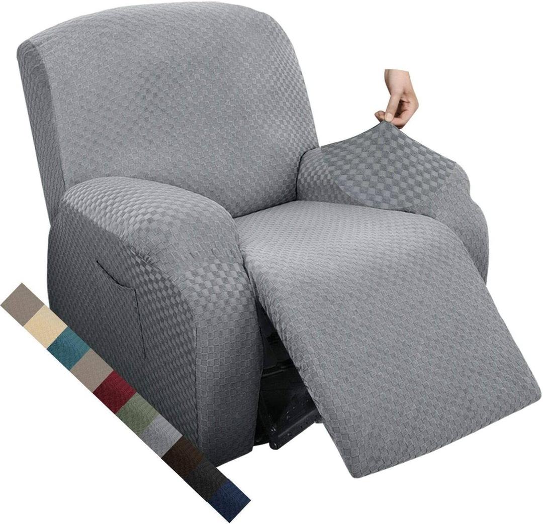 MAXIJIN Oversized Recliner Covers That Stay in Place 4 Pieces Stretch Large Recliner Chair Covers Jacquard Dogs Cats Proof Reclining Slipcovers with Elastic Bottom (XL Recliner, Light Gray)
