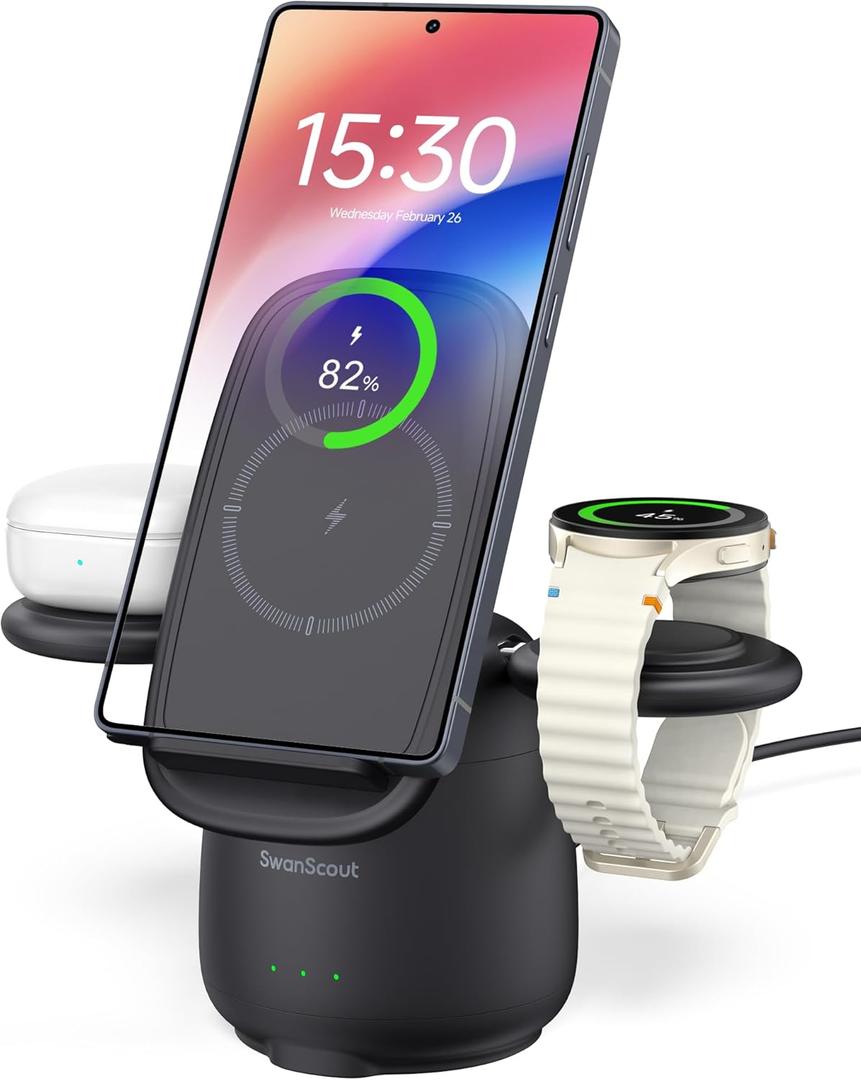 Wireless Charger for Samsung S26+, 3 in 1 Charging Station for Samsung Galaxy S25 Ultra/S25/S24/Z Flip7/Fold7, for Galaxy Watch8/7/Ultra/6/5/4/Buds3 Pro, SwanScout 707S (No Adapter) (Black)