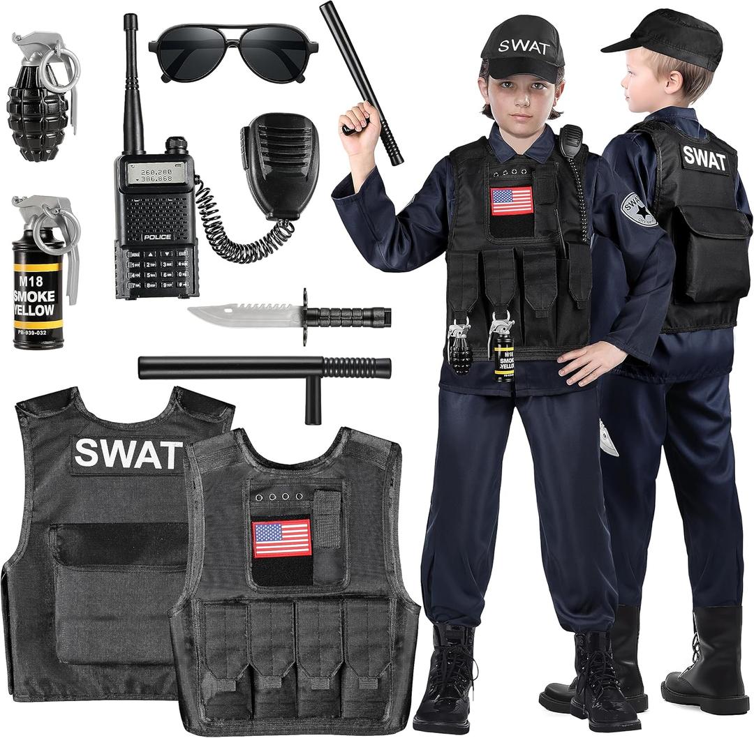 Luucio SWAT Police Officer Costume for Kids, Police Costume for kids, with SWAT Costume, SWAT Vest, Halloween Costume for Boys, Role Play Kit for Boys Girls, Size L