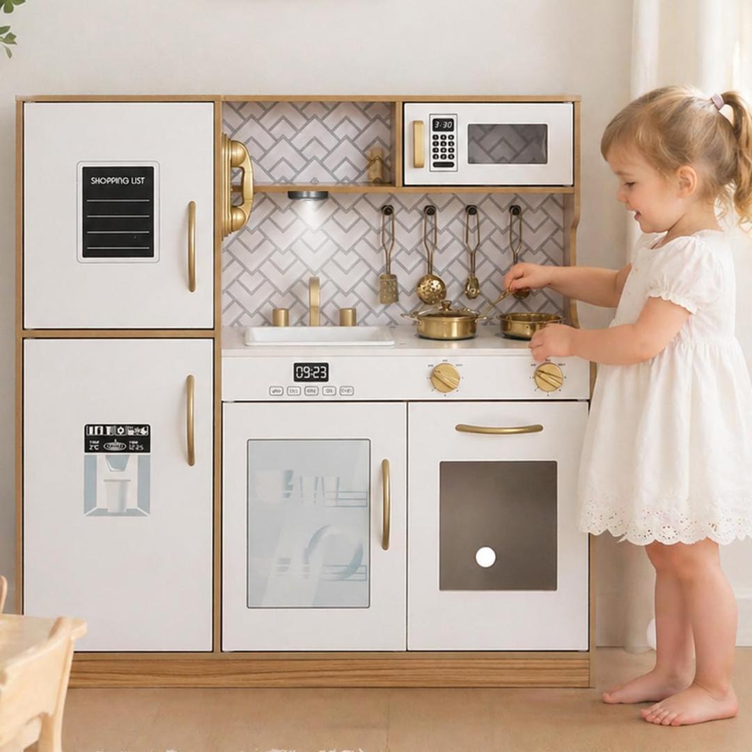 Wooden Play Kitchen Toy Set with Light, Kids Children Pretend Toy Kitchen Playset, Sink Play Toy Oven with Microwave,Toddler Cooking Set Toy for Ages 3+, 31.2 x 9.44 x 31.49 inches