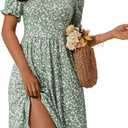 MSBASIC Women's Summer Casual Square Neck Dress Floral Puff Sleeve A Line Midi Sundress with Pockets (Green, XL)