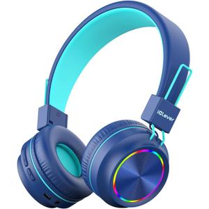 iClever BTH03 Kids Bluetooth Headphones, Colorful LED Lights, 35H Playtime, Bluetooth 5.4, Type C Fast Charging, Safe Volume, Stereo Sound Mic, On Ear Kids Wireless Headphones for iPad Airplane, Blue