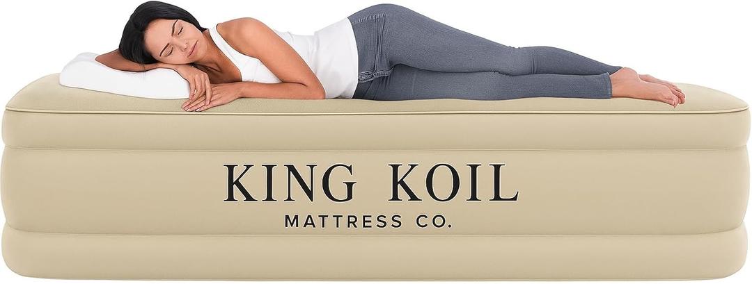 King Koil Luxury Built-in Pillow Top Queen Air Mattress with Built-in High-Speed Pump Best for Home, Camping, Guests, 20" Queen Size Double High Airbed, Blow Up Mattress, Waterproof,  (Beige)