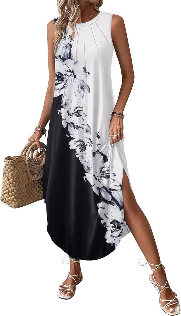 Zeagoo Women Floral Summer Casual Beach Printed Tank Dress with Pockets Pleated Front Long Dress (Small, Black/White Print)