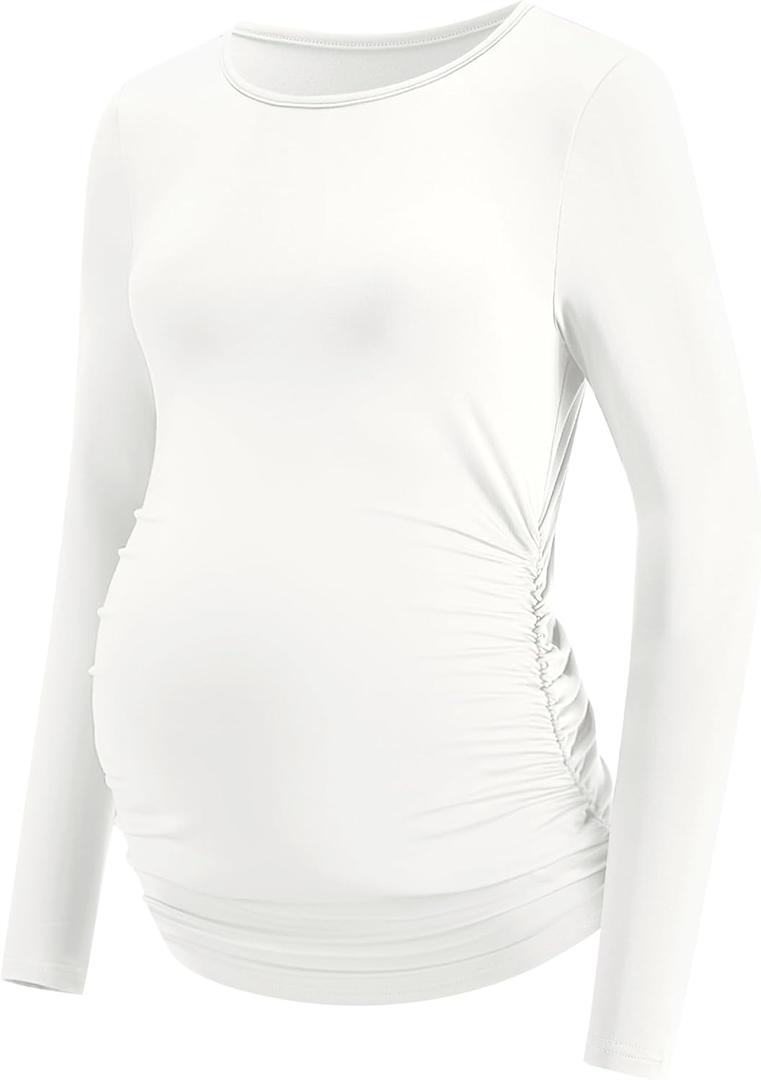 LOMON Maternity Shirts Long Sleeve Thermal Tops Side Ruched Casual Tshirt Crewneck Fleece Base Layer for Pregnant Women (White, L)