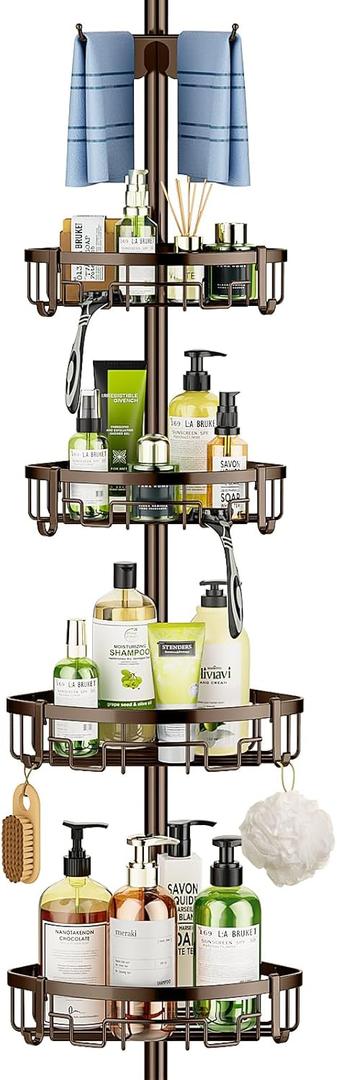 Coonoor Corner Shower Caddy Tension Pole - 62-115 INCH - 4-Tier Bathroom Organizer Shelves (Bronze)