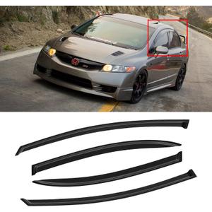 Window Visor for 2006-2011 Honda Civic, Out-Channel Rain Guards Shields Vent Deflector Shade Wind Dark Smoke for 06-11 Civic 2007 2008 2009 2010, Tape-On Outside-Mount, 4PCS