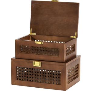 2PCS Decorative Rattan Storage Boxes Solid Wood Baskets Bins with Lid Keepsake Memory Jewelry Box Natural Boho Shelf Wicker Closet Desk Organizer Container (Walnut, 1 Large 1 Small)