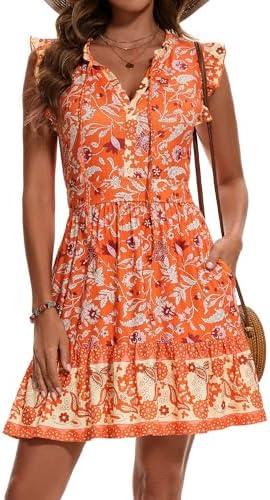 ZABERRY Womens Casual Summer Dresses Drawstring V Neck Tiered Boho Floral Sundress Vacation Mini Dress M