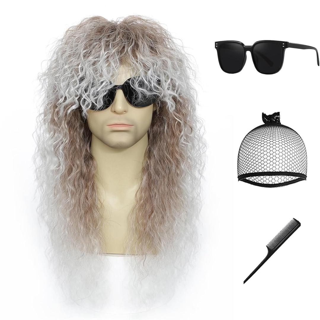 Men's 80s Rocker Mullet Wig, Long Curly Fluffy Synthetic Hair Wig, Retro Heavy Metal Rockstar Wig for Halloween, Cosplay, 80s Theme Party, Disco Punk Costume (Brown with White)