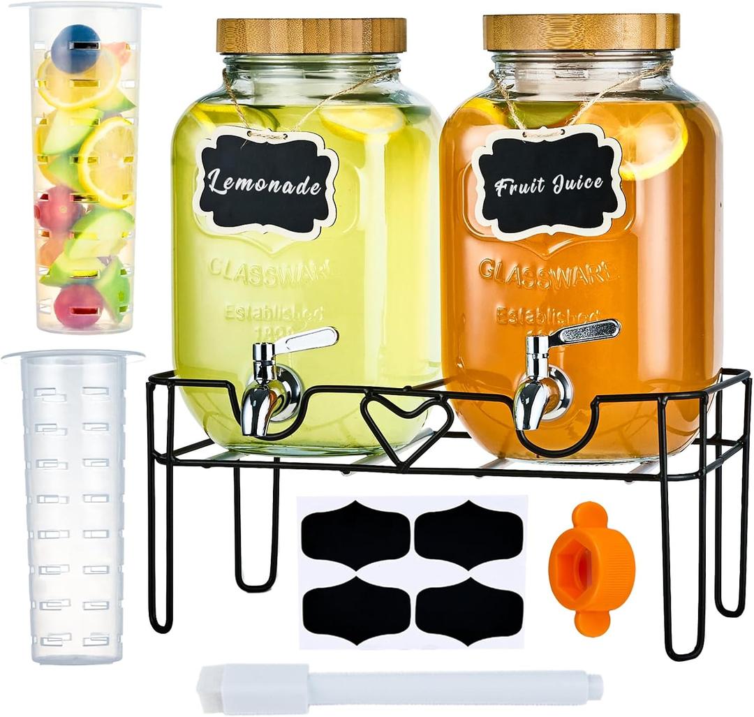 2 Pack1Gallon Glass Drink Dispenser with Stand&Bamboo Lids&Fruit Infuser,304 Stainless Steel Leak-Proof Spigot,Beverage Dispenser for Parties,Water Sangria Juice Sun Tea Lemonade(Natural)