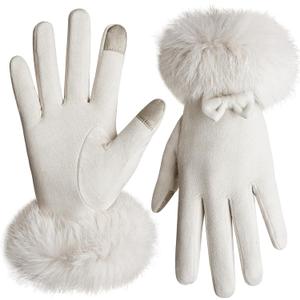 Vagasi Women Touch Screen Gloves, Fleece Lined Winter Gloves for Ladies, Thermal Suede Gloves Fur Cuff for Girls Gifts (Beige-white)