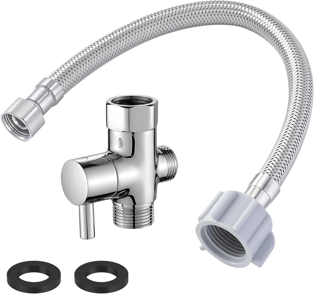 Blulu Bidet T Adapter, Metal T Valve for Bidet with Shut-off Valve(7/8 x 7/8 x 1/2) with 12 Inch Flexible Toilet Connector, 3 Way Tee Connector Attachment for Toilet Bathroom