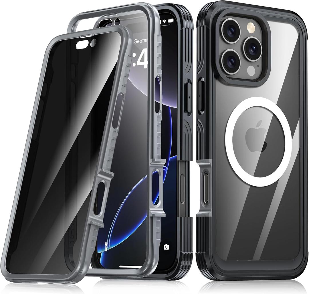 for iPhone 16 Pro Max Case,Built-in 9H Tempered Glass Screen Protector + Privacy Screen Protector, [Military Grade Protection] Shockproof Anti Spy Magnetic Back Phone Case, Black