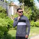 Mens Quarter Zip Polo Shirt Long Sleeve Color Block T Shirts for Men Lightweight Casual Striped Golf Polos (Medium, Grey)