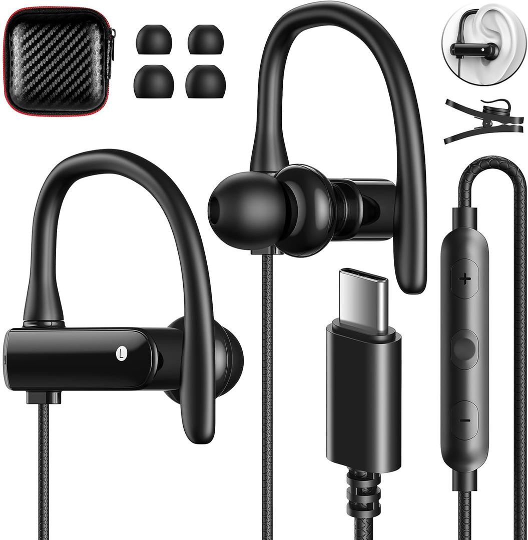 USB C Headphones Over Ear Hooks for iPhone 17 Air 16 15 Pro Max Plus, Wrap Around Ear Buds with Loops Mic Type C Earphones Running Sport Wired Earbuds for Samsung S26 S25 S24 Ultra S23 S22/Pixel 10 9