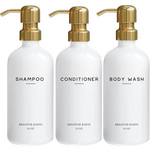 Luxury Shampoo and Conditioner Dispenser Set by Brighter Barns - Shower Soap Dispenser - Shampoo Conditioner Body Wash Dispenser & Pump - White and Gold Bathroom Accessories in Spa, Hotel, Gift (Gold)
