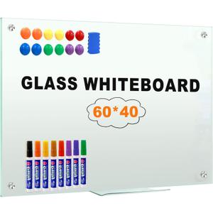 H-Qprobd Glass Whiteboard 60"x40" Magnetic Dry Erase White Board for Wall, Includes 12 Magnets, 8 Markers and 2 Erasers