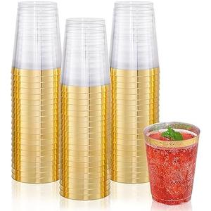 DaYammi 200 Pack Gold Plastic Cups 10 Oz Clear Plastic Cups Gold Rimmed Disposable Wine Glasses Heavy Duty Disposable Tumblers Drinking Cocktail Glasses for Party Wedding