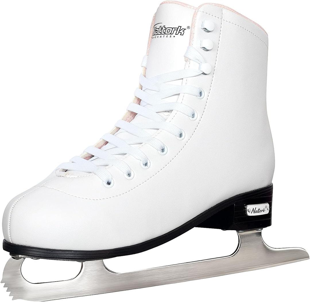 Nattork Figure Skates for Boys and Girls Excellence Stainless Steel Blades Ice Figure Skating with Enhanced Support Strength Performance and Ultimate Comfort (Women's 8 / Men's 7, White (Arctic Pink Lining))