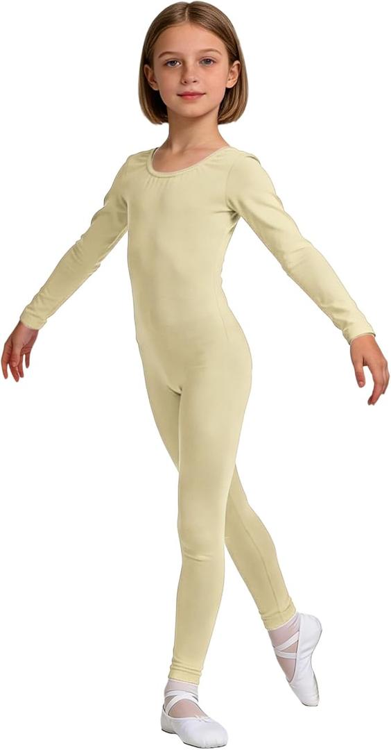 Wildarms Girls Kids Long Sleeve Dance Unitard Bodysuits Full Body Leotard for Ballet,Gymnastics,Performance,Costumes (Beige,1-3)