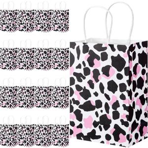 TaoBary 24 Pcs Pink Cow Party Favor Gift Bag Cow Print Candy Goodies Bags with Handle Disco Cowgirl Birthday Decorations for Farm Animal Baby Shower Western Cowboy My First Rodeo Party Supplies