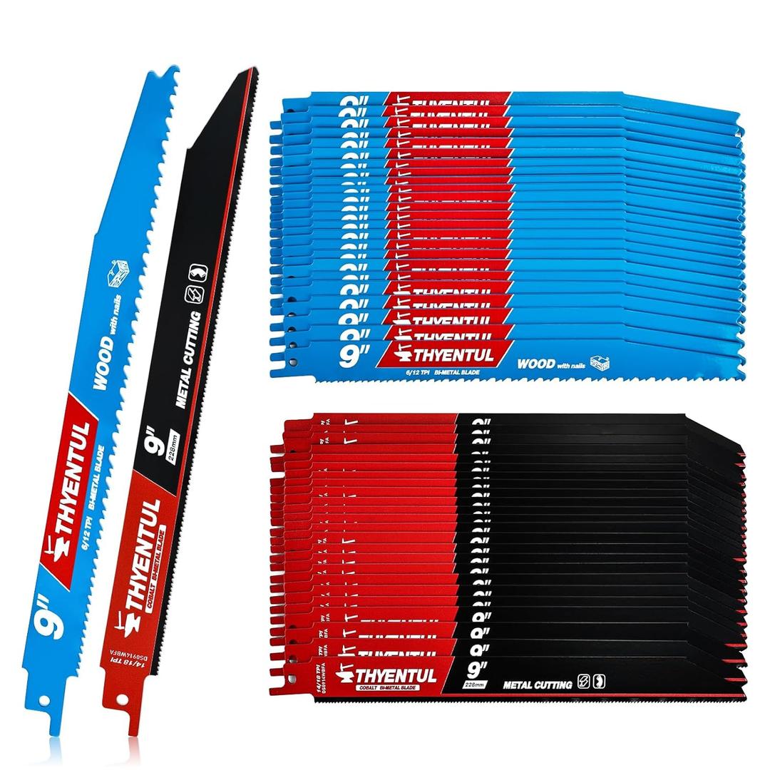 50 Pack 9 Inch Reciprocating Saw Blade Set, Metal and Wood Cutting, Bi-Metal Sawzall Blades, 14/18 TPI and 6/12 TPI