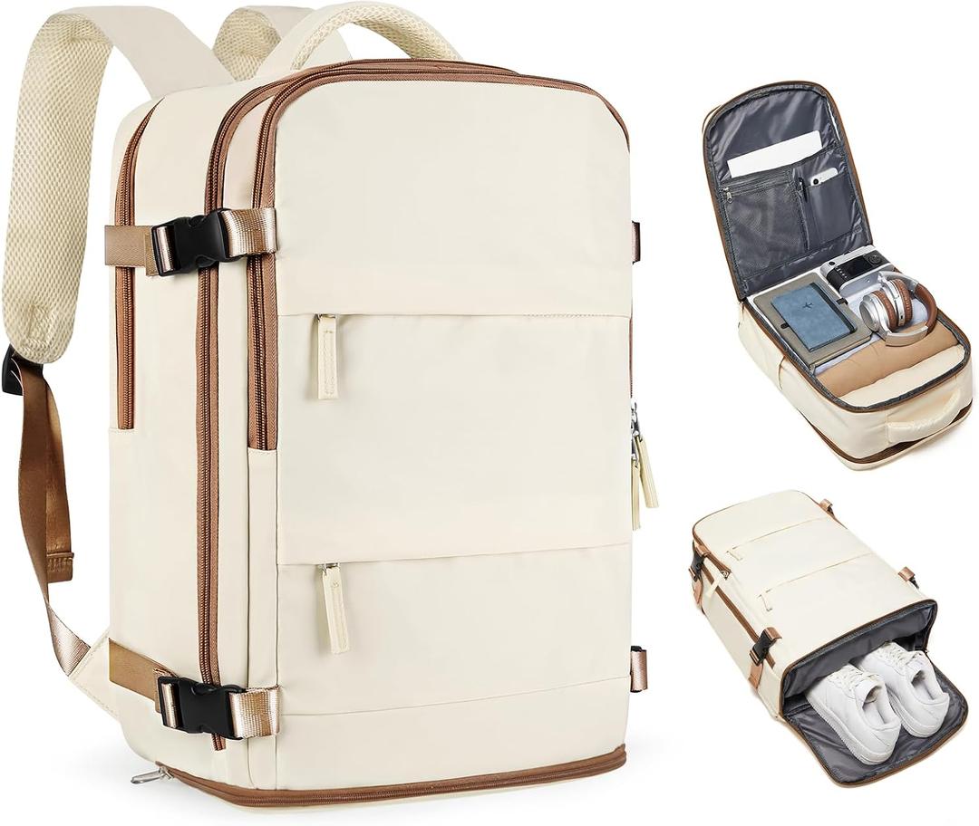 coofay Large Travel Backpack Carry on Flight Approved Mochila De Viaje Personal Item Travel Bag Backpacks for Men Women Carry on Backpack for Airplanes 18x14x8 Inches Travel Bag Beige with Brown