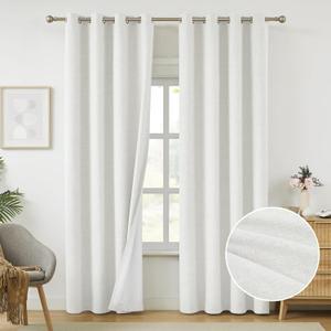 Melodieux 100% Blackout White Linen Curtains 84 Inches Long for Bedroom Living Room, Elegant Farmhouse Thermal Insulated Room Darkening Grommet Lined Drapes Burlap Textured, 52x84 inch, 2 Panels