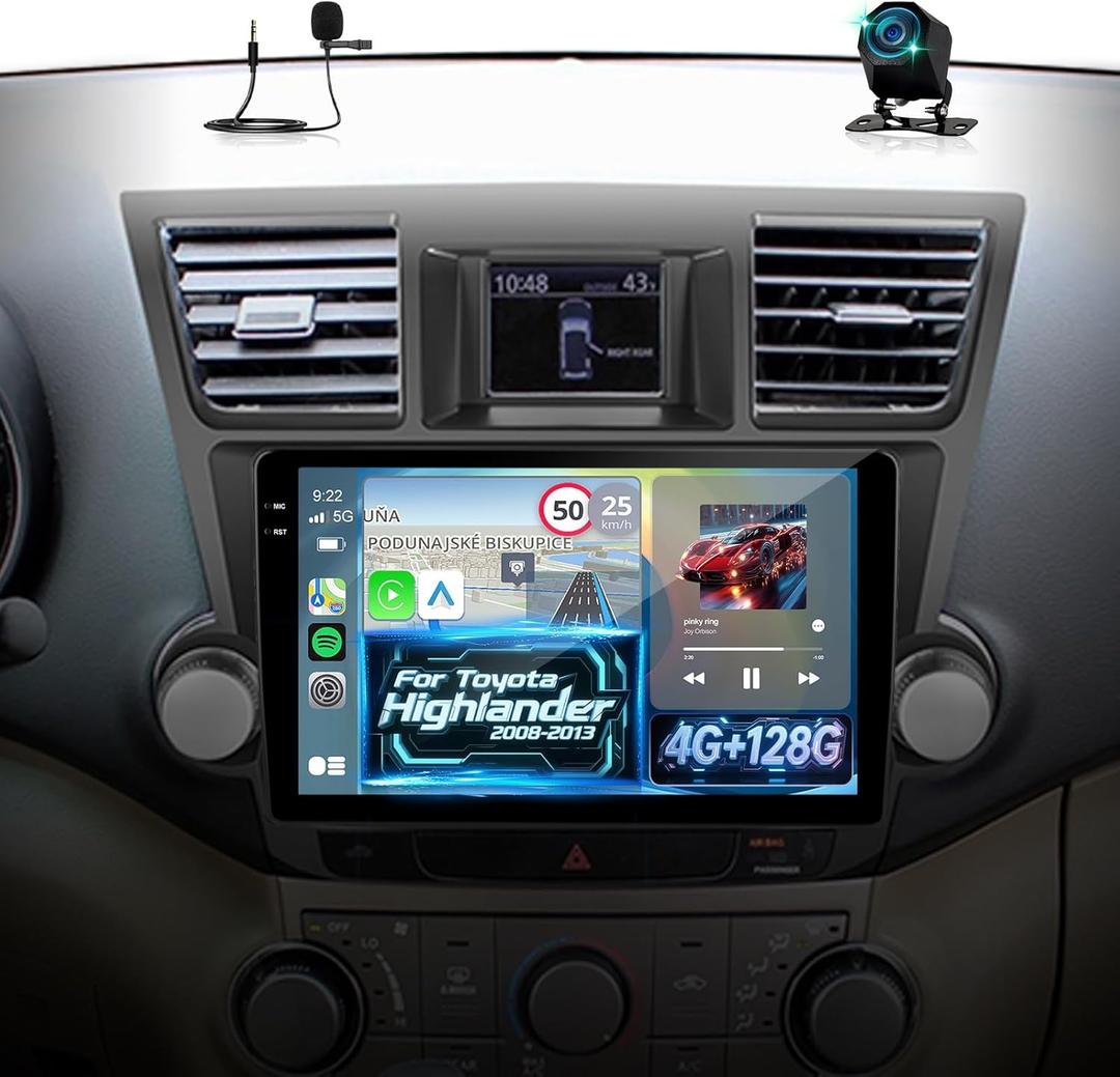 4G+128G Car Stereo for Toyota Highlander 2008 2009 2010 2011 2012 2013: 5GHz WiFi/Wireless Carplay/Android Auto, 10 Inch HD Touchscreen Android 15 Radio with EQ/GPS/SWC + AHD Rear View Camera