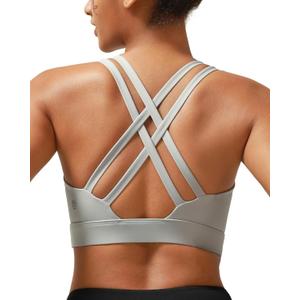 SONGSKY Sports Bras for Women, Medium-High Support Strappy Padded Running Sports Bras with Removable Cups (Gray, M)