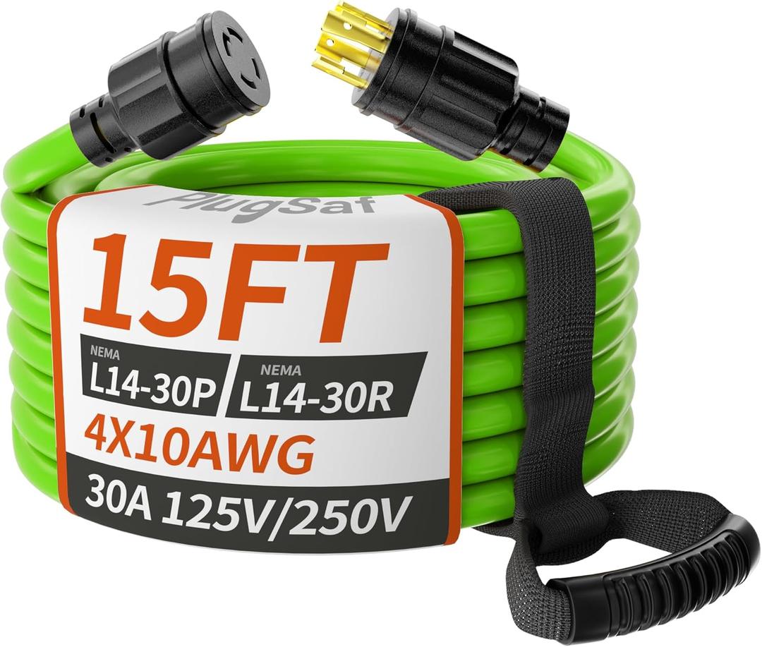 PlugSaf 15FT 30 Amp Generator Extension Cord 4 Prong, NEMA L14-30P/L14-30R 10 Gauge STW 125/250V Twist Lock Generator Cord Heavy Duty, Green ETL Listed