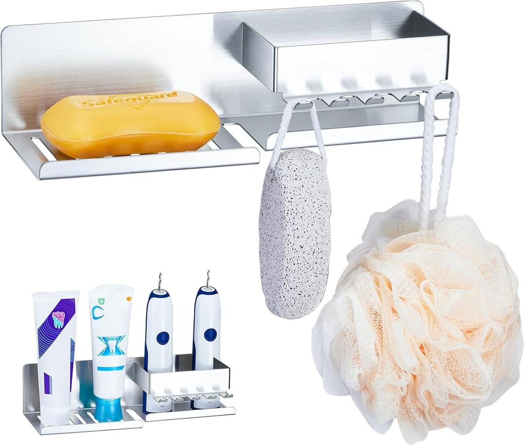 Toothbrush Holder, Soap Dish for Shower, Toothbrush Holder Wall Mount Holder, Stainless Steel Electric Toothbrush and Toothpaste Holder, Self Draining Soap Rack for Bathroom Razor Holder(Silver)