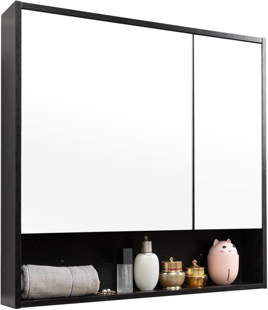 ALIMORDEN Medicine Cabinet with Mirror and Shelves, Oversized Bathroom Wall Storage Organizer Over The Vanity, Toilet, Recessed or Surface Mount, 30.4" L x 29.5" H, Black