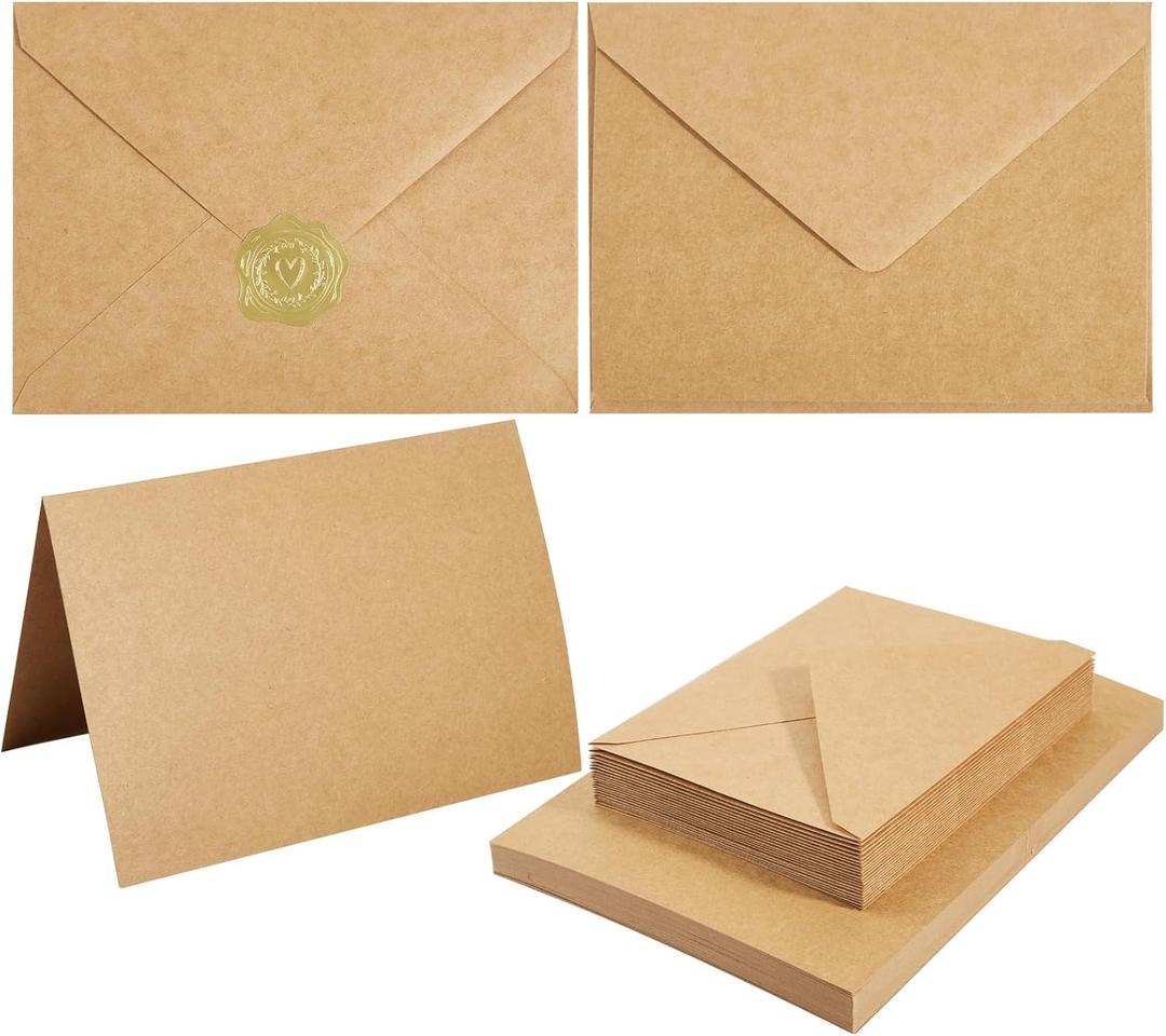 50 Pack Kraft A7 Envelopes with Cards 5x7 Thick Folded Cardstock and Gold Stickers for Greeting Cards, Wedding, Birthday, Invitations, Baby Showers (Kraft Paper, 5x7)