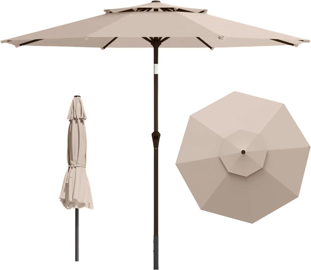9ft 2-Tiers Patio Umbrella,Outdoor Market Table Umbrella with Push-Button Tilt & Crank | UV Protection,Suit for Backyard,Garden,Pool,Deck(Beige)
