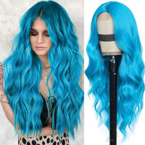 BEAUTIFA Teal Blue Wig for Women, Teal Blue Wavy Wig Middle Part 26 Inch Blue Wigs Heat Resistant Synthetic Wigs for Daily Party Use