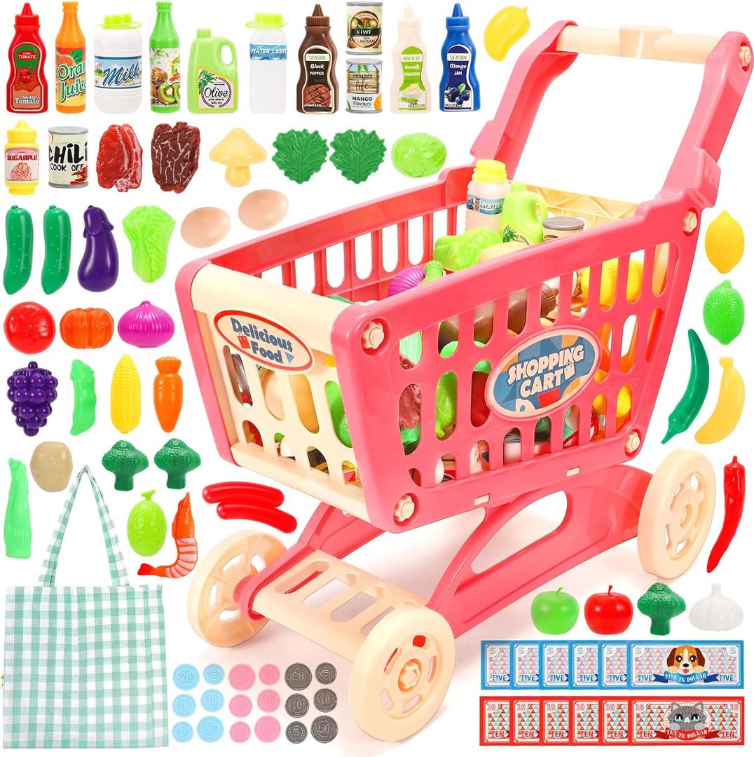 Tagitary Shopping Cart Toy for Kids,82 PCS Toddlers Large Play Grocery Cart with Shopping Bag,Included Play Food Veggies,Play Money Cash and Coins,Educational Toys Play Kitchen Accessories for Kids