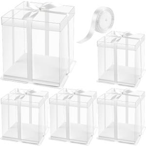 Ocmoiy 8  8  9 In. Clear Cake Box with Ribbon, 5 Pcs White Disposable Cake Carrier with lid for 2-Layer Cake Holder, Display and Gift Packaging