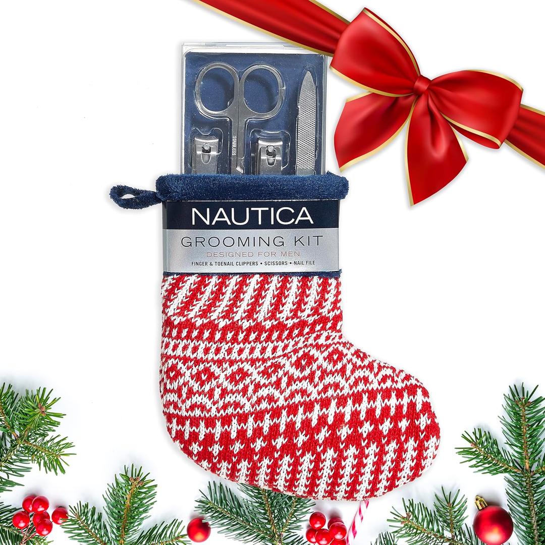 Nautica Nail Grooming Kit for Men - Complete Set in a Christmas Stocking | 4 Premium Quality Tools for a Well-Groomed Look, Red/White