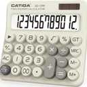 CATIGA Mechanical Switch Calculator with Solar and Battery Dual Power, 12-Digit Large LCD Display, Aesthetic and Cute Desktop Calculator with Big Button, for Home, School and Office Use, SD-1299 (Z) Beige)