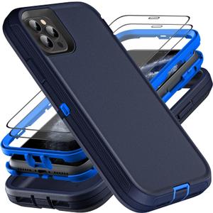 YKHJKLEC for iPhone 11 Pro Case, Military Grade 3 in 1 Heavy Duty Shockproof/Drop Proof/Dust Proof Case with 2Pcs Tempered Glass Screen Protector (Navy Blue)