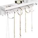 Rustic White Necklace Jewelry Organizer - Wall Mount Jewelry Holder - Mounted Hanging Jewelry Storage Hooks for Necklace, Earrings, and Rings - Farmhouse Wood Decor Bedroom Boho Shelf Rack (White)