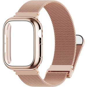 Vigamen Metal Magnetic Replacement Band and Case Compatible with Apple Watch Bands 38mm Women Men, Adjustable Stainless Steel Milanese Loop Strap for iWatch Series 3 2 1, Rose Gold