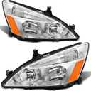 2003 2004 2005 2006 2007 Accord Headlight Assembly for 2003-2007 Honda Accord 2/4dr Clear Lens Chrome Housing with Amber Reflector Headlamp Replacement Left and Right Pair