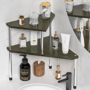 Weenson Bathroom Counter Organizer Corner Shelf - 2 Tier Bathroom Organization Bamboo Bathroom Sink Shelf Kitchen Countertop Organizer Adjustable Free-Standing Counter Storage Shelf(Antique), Medium