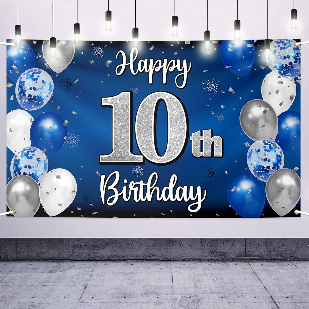 Happy 10th Birthday Decorations,10th Blue & Silver Balloon Large Birthday Banner Backdrop Sign,Cheers to Ten Years Old Bday Party Supplies 