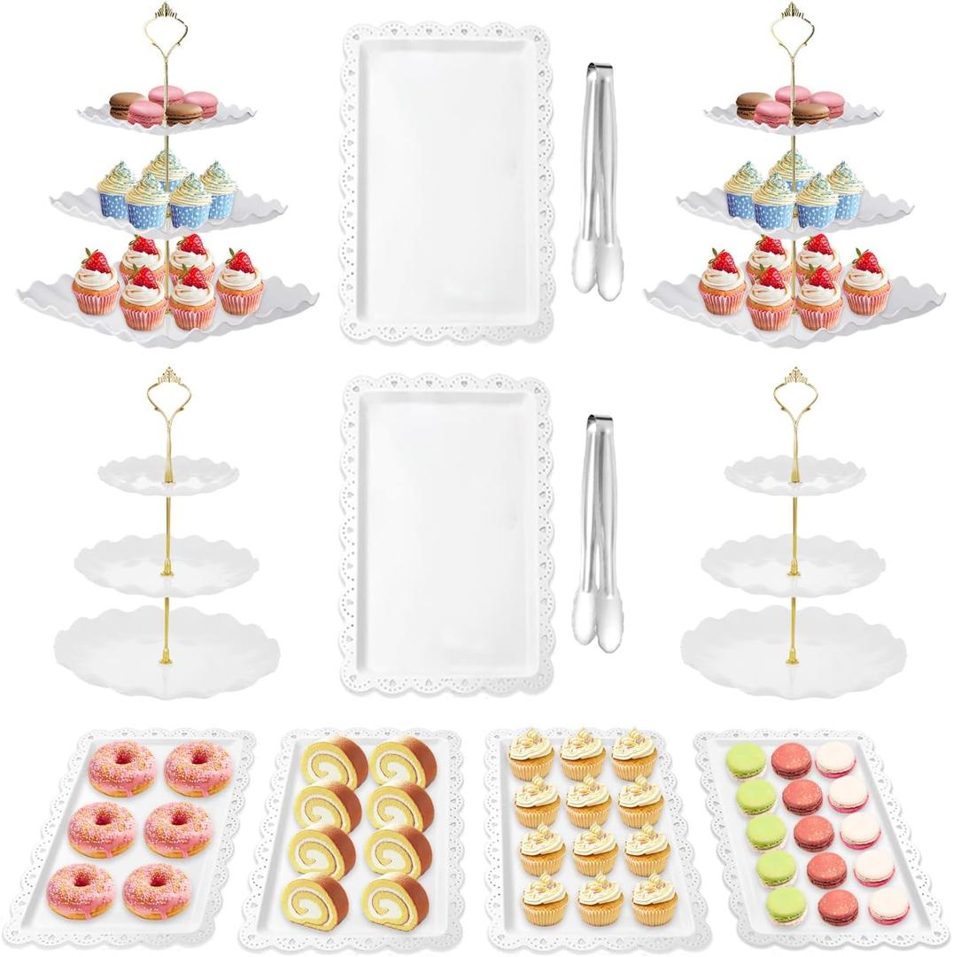 12 Pcs Cake Stand, Dessert Table Display Set, 4 Pcs 3 Tier Cupcake Stand Tower Holder and 6 Pcs Serving Tray and 2 Tongs for Tea Party Baby Shower Birthday, White 12 Pcs Cake Stand, Dessert Table Display Set, 4 Pcs 3 Tier Cupcake Stand Tower Holder and 6 Pcs Serving Tray and 2 Tongs for Tea Party Baby Shower Birthday, White