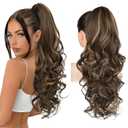 REECHO Ponytail Extension, 24" Claw Clip Ponytail Extension Wavy Ponytails Hair Extensions Jaw Clip on Pony Tails Natural Synthetic Hairpiece for Women Daily, Chocolate Brown with Highlights